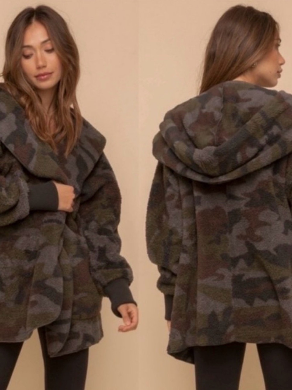 Hem & Thread Camo Hooded Sherpa Jacket - Olive/Gray/Brown One Size Fits Most